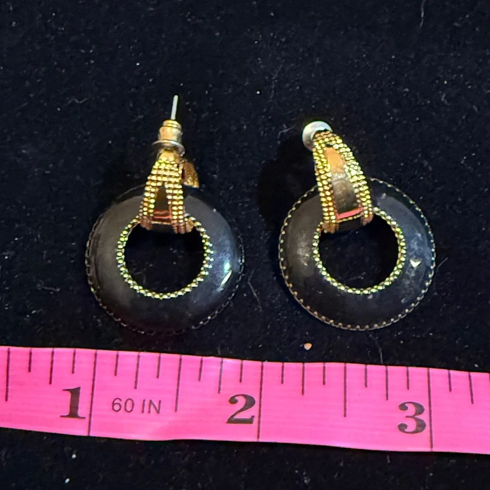 Vintage Gold Tone Black Enamel Door Knocker Hoop Earrings Retro Statement Post